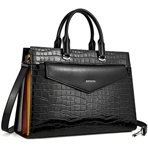 BOSTANTEN Briefcase for Women Laptop Tote 15.6 Inch Genuine Leather Handbag Work Bag Beige - color: F-crocodile Pattern Black