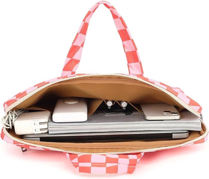 Muti-Pockets Laptop Briefcase Shoulder Bag Case,Rebound Bubble Cushioned Fits 15.6 inch-16 inch Laptop (Checkered) - color: Multicolor Floral, Pink