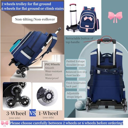 MITOWERMI Rolling Backpack for Girls 3Pcs Elementary School Bag Cute Bowknot Backpack with Wheels Girls Bookbags with Handbag Trolley Bags Kids Carry-On Luggage - color: Style c-3Pcs Pink-2 Wheels, style: 2 Wheels Trolley + Backpack Sets