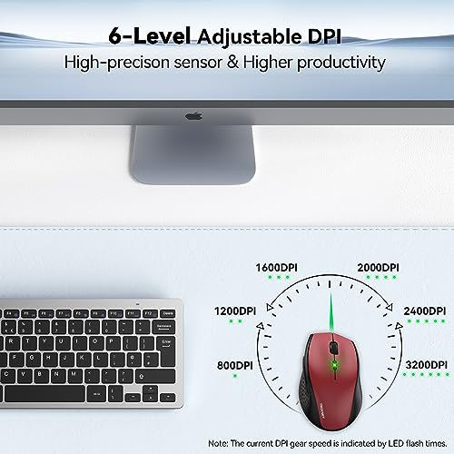 TECKNET Wireless Mouse, 2.4G USB Computer Mouse with 6-Level Adjustable 4800 DPI, 30 Months Battery, Ergonomic Grips, 6 Buttons Portable for PC, Chromebook, Mac (Red) - color: Red