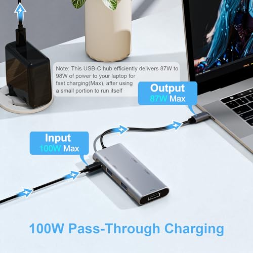 USB C Hub 6-in-1 USB Hub, 4K HDMI USB-C Multiport Adapter | 4K@60Hz HDMI, 2 USB-C & 2 USB-A 10Gbps, 100W PD, Privacy Button, for Mac/Windows/Tablets
