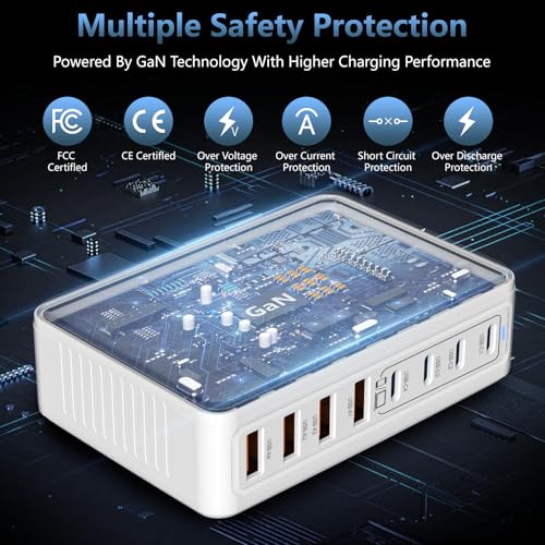 200W GaN 8-Port USB C Charging Station, PD 65W Multi-Device Charger | Fast charging for laptops, smartphones and tablets with compact design and organized desktop setup. - color: White