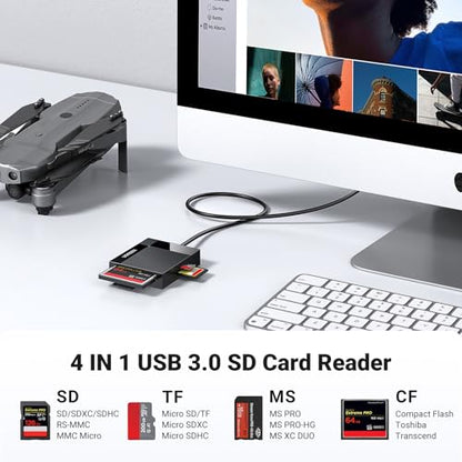 UGREEN SD Card Reader USB 3.0 Card Hub Adapter 5Gbps Read 4 Cards Simultaneously CF, CFI, TF, SDXC, SDHC, SD, MMC, Micro SDXC, Micro SD, Micro SDHC, MS, UHS-I (Black) | Multi USB 3.0 Micro SD Memory Card Adapter for External Camera Photo SD TF MicroSD Mic