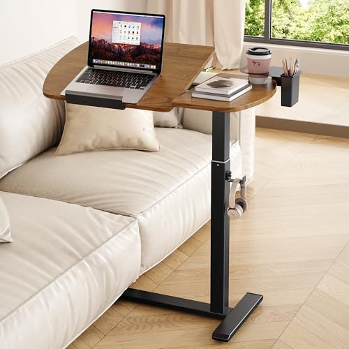 Overbed Table with Wheels, Pneumatic Lift and Tilting Top (Walnut) | Height Adjusts 24.4–42.9 In, Desktop Tilts 0°–70° With Hidden Casters, Cup Holder, Pen Holder And Headphone Hook - color: Walnut