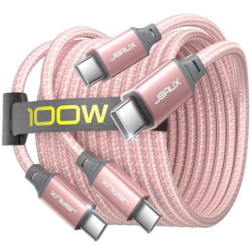 JSAUX 100W USB C to USB C Cable [2-Pack 6.6FT], PD Fast Charging, Pink | 100 Watt Fast Charger, Braided Type-C Cords for iPhone Air/17e/17/16/15 Series, Galaxy S/Note Series, MacBook and iPad - color: Pink, size: 6.6ft+6.6ft