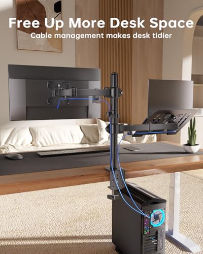 Dual Monitor and Laptop Stand for 13-32 Inch Screens & 11-17 Inch Laptop, Full Motion Dual Monitor Arm Desk Mount with Removable Laptop Tray, Supports Up to 18 lbs/Arm, C-Clamp, VESA 75x75/100x100mm - size: Laptop & Monitor Stand
