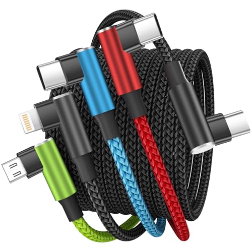 Travel Vacation Essentials USB C Multi Charging Cable, Right Angle 4 in 1 Charging Cable, Phone Charger Cords with IP/Type C/Type C/Micro Port, Compatible with Most Cell Phones and More（1Pack 5FT） - color: USB C-Red_Blue_Black_Green-1Pack, size: 1Pack 5FT