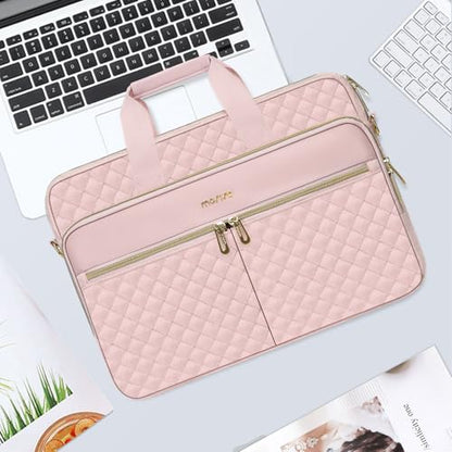 MOSISO 15-16 inch Laptop Bag, Laptop Briefcase Messenger | Compatible with MacBook Pro 16/Air 15, Square Quilted Computer Bag Work Office Business with 3 Pockets&Strap, Pink - color: Pink, size: 16 inch