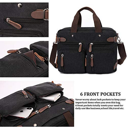 CROCOD 3 In 1 Canvas Convertible Laptop Bag for Men Women, 17.3 inch Laptop Messenger Bag Work Briefcase, Computer Shoulder Bag for Travel Business Office (17.3 Inch, Black) - color: Black