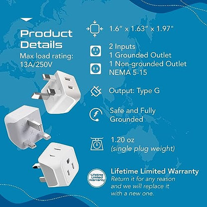 Ceptics UK Travel Plug Adapter, 2 in 1 Type G Adapter, US to UK Adapter, Ireland, Dubai Travel Adapter with Dual USA Inputs, CE, RoHS - HK Outlet Adapter, 3 Pack | Type G Adapter for Travel, US to UK Plug Adapter with 2 USA Outlet, UK Travel Adapter, CE &