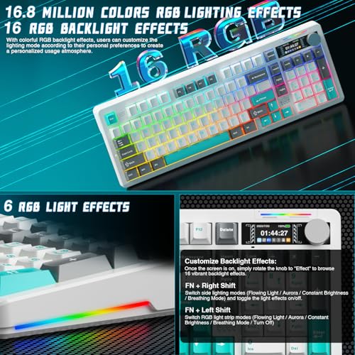 LINGBAO K98 PRO 96% Wireless Mechanical Gaming Keyboard with Screen & Knob | Tri-Mode BT5.0/2.4G/USB-C, Gasket Mount Hot Swappable Linear Switches, RGB Backlit Creamy Sounding for PC/Mac Office& Gaming - color: K98Pro | 10000mAh | White Blue Grey
