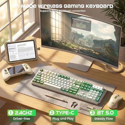 Redragon RM104 Wireless Gaming Keyboard with Knob, Tri-Mode BT/2.4G/USB-C RGB Computer Keyboards, 4000mAh Battery, Programmable Software Support, Anti-Ghosting, Compatible with PC Mac - White & Green - color: White-Green