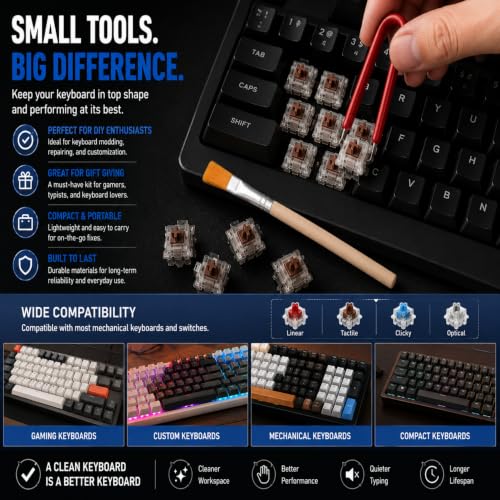 Mechanical Keyboard Switch Puller - 304 Stainless Steel Switch Remover Tool with Anti-Static Cleaning Brush for Hot Swap Gaming Keyboard Modding, Ergonomic PCB-Safe Design