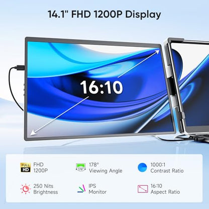 14" FHD 1200P IPS Laptop Screen Extender Fits 14"-17.3" Laptops | Triple Portable Monitor for Laptop, Plug & Play Dual Screen Compatible with Win, Mac, Android&Chrome OS
