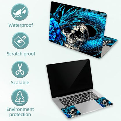 Universal Laptop Skin Decal, 3-Piece Vinyl Protector for 12 13 14 15.6" Notebook, Waterproof Anti-Scratch, Easy Trim & Bubble-Free Finish, Blue Dragon Skull Rose - color: Blue Dragon Skull Rose