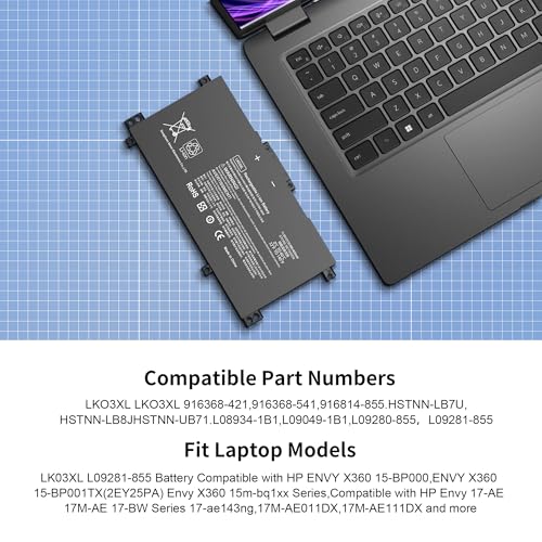 LK03XL L09281-855 Battery Replacement for HP Envy X360 Convertible 17m-ae0xx 17m-ae111dx 17-ae1xx 17-bw0013dx 15m-bp1xx 15m-cn0xxx 15m-cp0xxx 15m-cn0012dx 15m-bq021dx 916368-421 916814-855 - style: LK03XL
