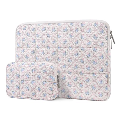 MOSISO 13-14 inch Laptop Case, 13.3 inch Puffy Laptop Sleeve Compatible with MacBook Air 13.6 M4 M3 M2 M1/Pro 13/Pro 14, HP Dell ASUS Lenovo, Square Quilted Carrying Bag with Small Case, Floral Grid