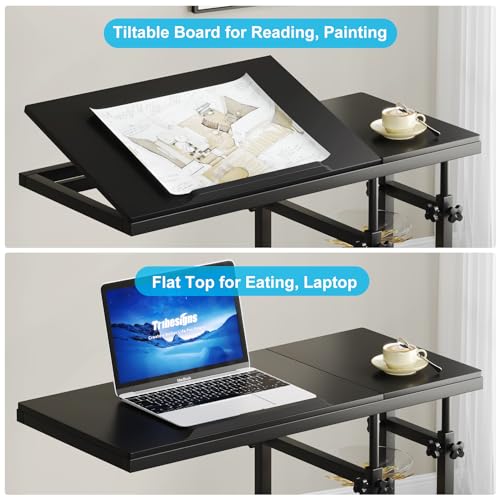 Tribesigns Height Adjustable C Table with Wheels, Mobile Couch Snack Side Table with Tiltable Drawing Board, Sofa Bedside Laptop Stand C Shaped TV Tray with Storage Shelves (Black) - color: Black