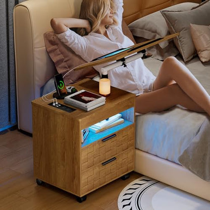 Lareth Rolling Nightstand with Wheels, LED Lights, Charging Station | Height Adjustable, Bedside Table 2 Drawers, Smart Wooden End Table Dorm Side Table Laptop Workstaion, Bedroom, Natural - color: A Natural
