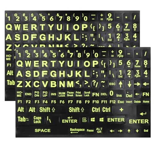 2 Pack English Keyboard Stickers - Big Letter Full Set (120 Pcs), Universal PC Computer Laptop Desktop Keyboard Replacement, Black Background with Bright Yellow Lettering - color: English /Green letters