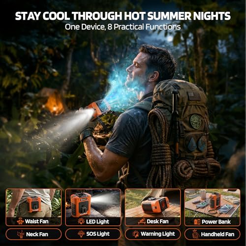 Portable Waist Fan, 10000mAh Rechargeable Belt Clip Fan, 59ft/s Turbo Airflow, 18500RPM 6-Speed, Up to 35H Hands-Free Cooling with Bottom Air Intake, LED SOS Light for Jobsite, Outdoor Work, Camping