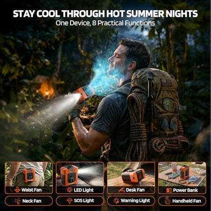 Portable Waist Fan, 10000mAh Rechargeable Belt Clip Fan, 59ft/s Turbo Airflow, 18500RPM 6-Speed, Up to 35H Hands-Free Cooling with Bottom Air Intake, LED SOS Light for Jobsite, Outdoor Work, Camping