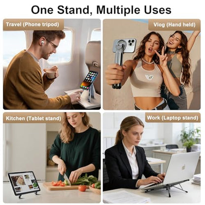 3-in-1 Foldable Magnetic Phone Tripod Stand, Portable Aluminum Alloy Adjustable Holder for Tablet, Laptop MacBook Pro/Air 10–16", Magnet Phone Mount Compatible with MagSafe iPhone Android - color: Silver