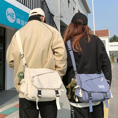 Aesthetic Crossbody Bag with Cute Pins and Ornament, Nylon Shoulder Messenger Bag Japanese Kawaii Bag for Women Men - color: L-blue-fit Laptop