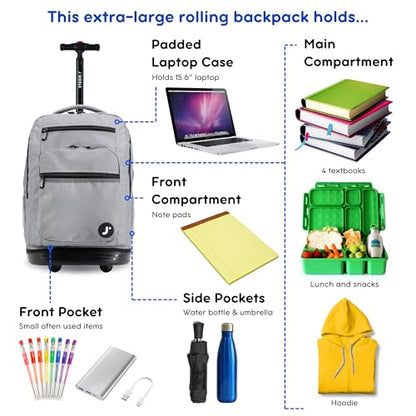 J World Sundance Laptop Rolling Backpack for Girls Boys. Roller Bookbag with Wheels, 20 Inch, Grey - color: Grey