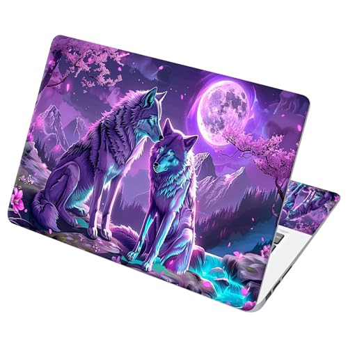 Universal Laptop Skin Sticker with 2 Wrist Pad Decals, 3-Piece Removable Vinyl Laptop Cover, Purple Moon Wolf Waterproof Anti-Scratch, Easy-Trim Fit for 13.3" 14" 15.6" Laptops - color: Purple Moon Wolf