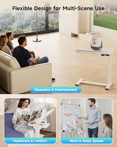 BIZUM Small Electric Standing Desk, Overbed Table Wireless Tilt Top with Hidden Wheels, 27.6×15.8 Inch Adjustable Rolling Laptop Desk, USB-C Rechargeable Battery, White - color: White