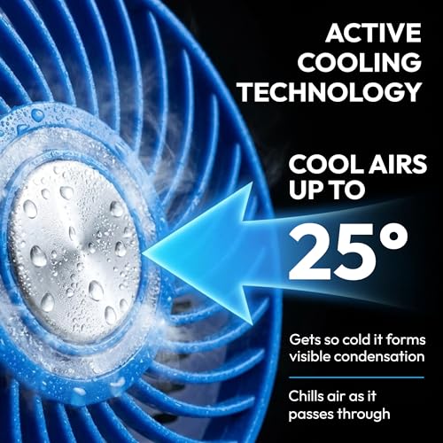 Spark Innovators Go Fan Blue Steel Portable Desk Fan with Cooling Plate, Cordless & Rechargeable – 360° Oscillating with Active Cooling Technology, USB Charging, for Home, Outdoor Camping & Travel