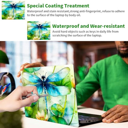 Laptop Skin Sticker Decal, Universal Protective Cover Fit 12 13 14 15.6 Inch Notebook, Reusable Water-Resistant Vinyl Decal w/ 2 Wrist Pads for Business Travel Office, Green Dragonfly - color: Green Dragonfly