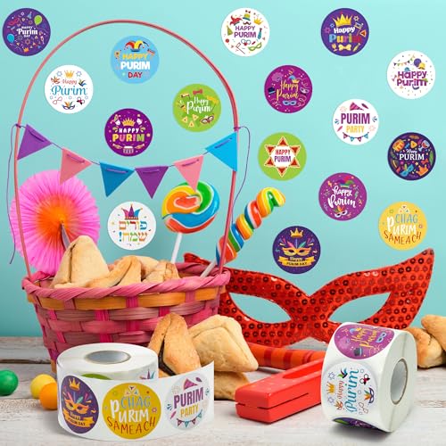 CNhoqc Happy Purim Stickers Roll - 1000 Pcs Round Happy Purim Waterproof Vinyl Reusable Laptop Sticker Coloring Book Scrapbook Water Bottle Page Activity Pad Party Favor Skateboard Gift Wraping Reward - style: Happy Purim