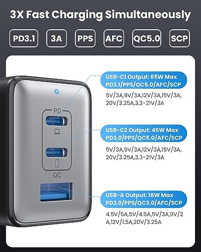 128W USB C Wall Charger,GaN III 3-Port Fast Charging Station,PD QC Foldable Charger Block Portable 65W Laptop Adapter for MacBook Pro/Air,iPad Pro,Galaxy S23,Dell XPS 13,iPhone 17/16/Pro etc - color: Black