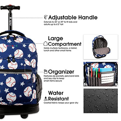J World Sunrise Kids Rolling Backpack with Wheels for Girls Boys, Roller Bookbag for School, 18 x 13 x 9 Inches, Baseball - color: Baseball