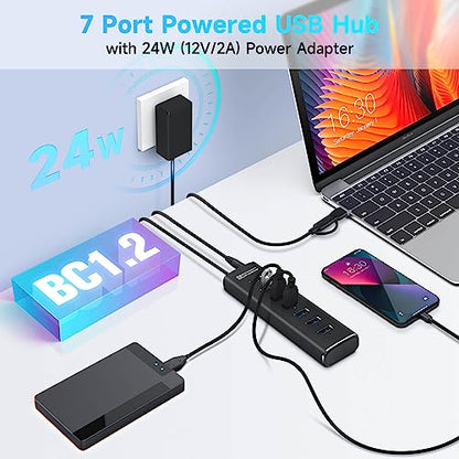 Powered USB Hub, Rosonway 7 Ports USB 3.1/3.2 Gen 2 Hub 10Gbps with 3.3ft USB-A/USB-C Data Cable, Individual Switches and 24W Power Adapter, Aluminum USB C Hub for Laptop and PC, RSH-A107