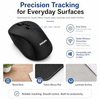 PHILIPS Wireless Mouse for Laptop, Bluetooth and 2.4GHz, Silent Click | Bluetooth and 2.4GHz dual mode with USB nano receiver; silent click; 3 DPI levels; compact ambidextrous design; AA included