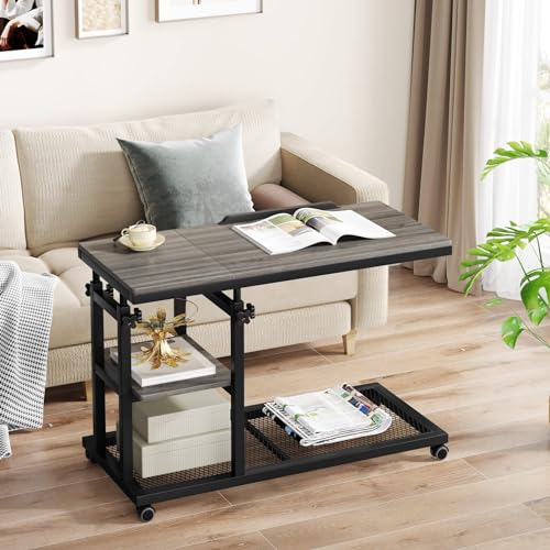 Tribesigns Height Adjustable C Table with Wheels, Mobile Couch Snack Side Table with Tiltable Drawing Board, Sofa Bedside Laptop Stand C Shaped TV Tray with Storage Shelves (Grey) - color: Grey+black