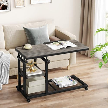 Tribesigns Height Adjustable C Table with Wheels, Mobile Couch Snack Side Table with Tiltable Drawing Board, Sofa Bedside Laptop Stand C Shaped TV Tray with Storage Shelves (Grey) - color: Grey+black