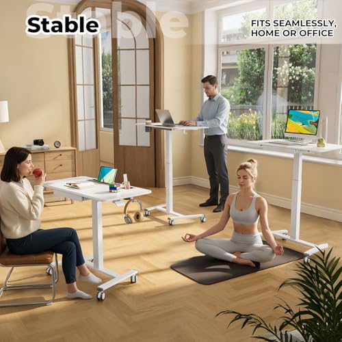 40"×20" Mobile Desk with Drawer, Rolling Desk with Storage | Height Adjustable Portable Laptop Desk on Wheels, Small Computer Desk with Cup Holder and Hooks for Study & Work, White - color: White, size: 40"