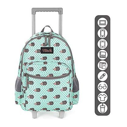 Tilami Rolling Backpack 18 inch Double Handle Wheeled Boys Girls Travel School Children Luggage Toddler Trip - color: Hedgehog Green