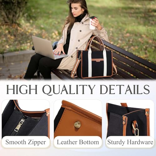 RAVUO Laptop Tote Bag Women, Water Resistant 15.6 Inch Large Canvas Handbag Business Briefcase With Detachable Shoulder Strap - color: Black