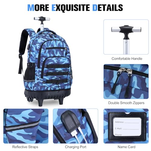 ACESAK Camo Rolling Backpack Boys, Tactical Kids Backpack Boys, Kids Suitcase for Boy Teens Elementary Middle High School, Military Backpack with Wheels and Lunch Bag Pencil Case Set (Camo Blue) - color: Camo Blue