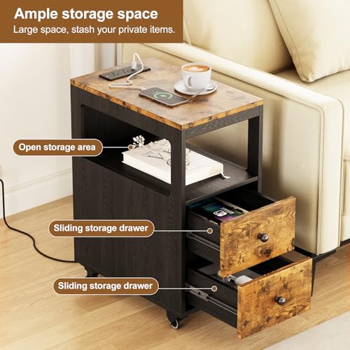 Narrow End Table with Charging Station and Wheels, Movable Narrow End Table with USB Ports and Outlets for Small Space, Living Room, Bedroom and Office, with 4 Wheels ( Rustic Brown + Black) - color: [A1] Black & Brown