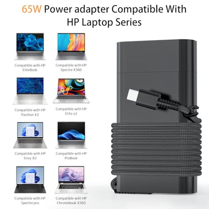 65W 45W USB-C Laptop Charger Replacement for HP Spectre x360 Envy 15 EliteBook X360 1030 G4 Pavilion ProBook ZBook Chromebook Fast Power Adapter (Type-C) | Envy Elitebook Spectre x360 Elite x2 Pavilion Zbook ProBook Fast Type C Chromebook | Fast Charging