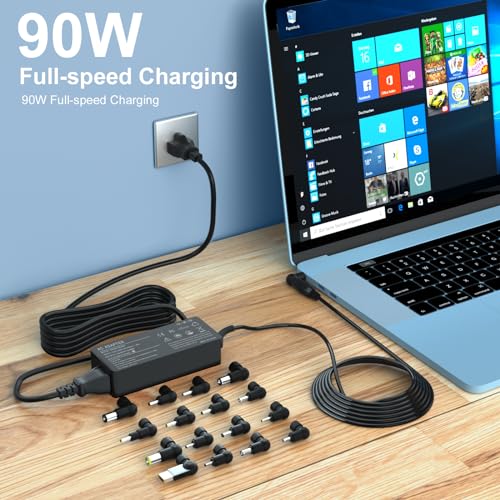 90W Universal Laptop Charger for HP Dell Acer Asus Lenovo Power Cord | 16 precision tips fit 99% of laptops. Seamlessly matches HP blue tip, Lenovo yellow square, Dell, Asus & Acer.