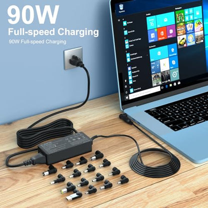 90W Universal Laptop Charger for HP Dell Acer Asus Lenovo Power Cord | 16 precision tips fit 99% of laptops. Seamlessly matches HP blue tip, Lenovo yellow square, Dell, Asus & Acer.