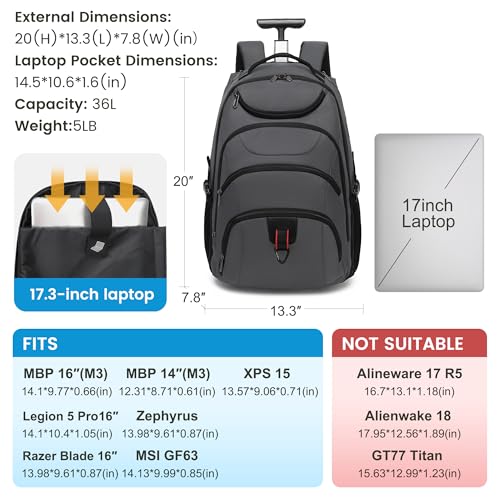 Boavan Rolling Backpack,17 inch Water Resistant Wheeled Backpack,Carry on Luggage Business Bag, Overnight College Computer bag Trolley Suitcase for Men Women Adults to Travel，Grey - color: Grey, size: 17.3 inches