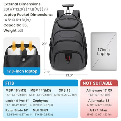 Boavan Rolling Backpack,17 inch Water Resistant Wheeled Backpack,Carry on Luggage Business Bag, Overnight College Computer bag Trolley Suitcase for Men Women Adults to Travel，Grey - color: Grey, size: 17.3 inches